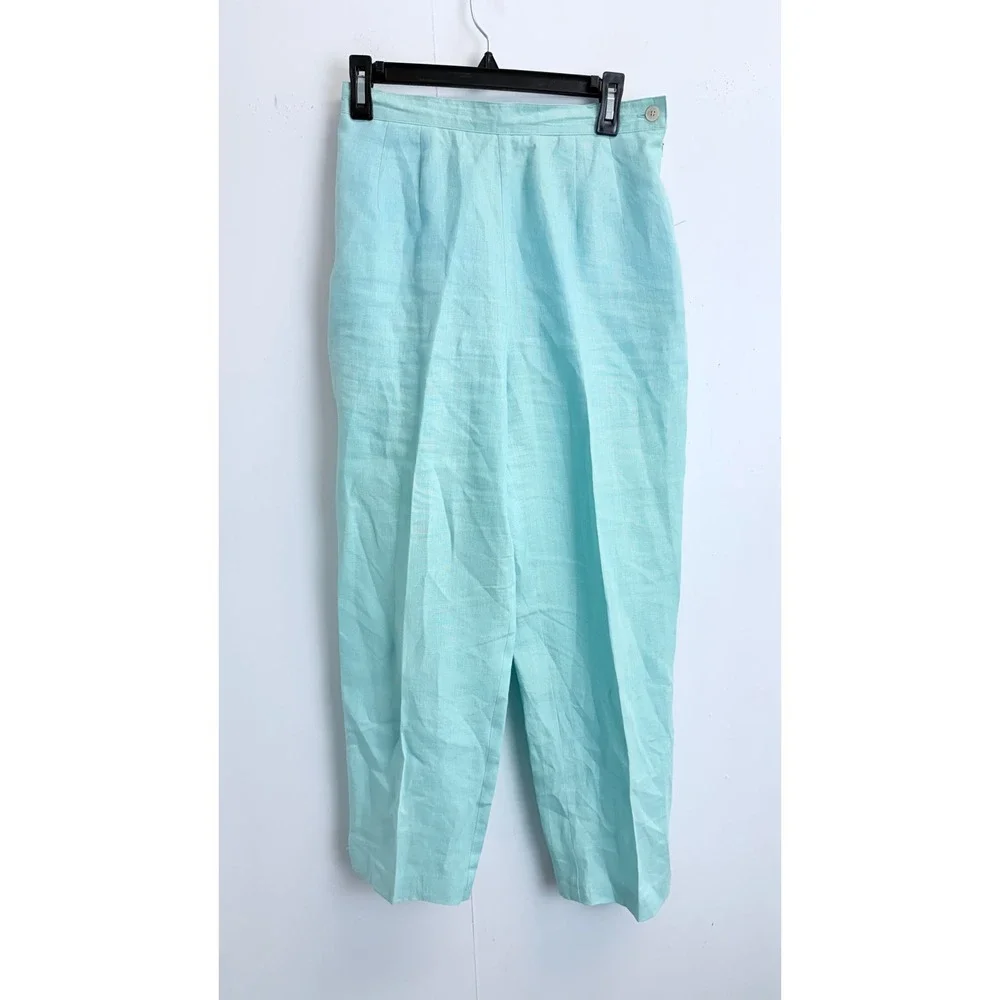 Talbots Vintage 100% Irish Linen‎ 2 Piece Pant Suit Light Blue Zip Jacket Size 8